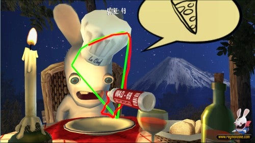 A Rabbid from the video game Rayman Raving Rabbids sitting at a dinner table with a candle, scheming with various angles and calculations appearing above its head as it looks at a can of soda, with a serene outdoor background featuring a mountain.