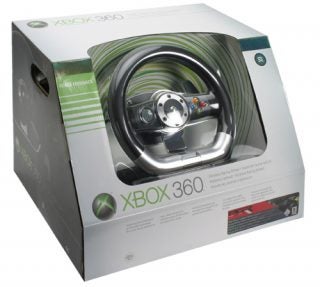 Microsoft Xbox 360 Wireless Steering Wheel packaged in its original box featuring an image of the wheel on the front and product details.