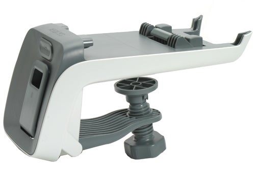 Microsoft Xbox 360 Wireless Steering Wheel mounted on a white-grey adjustable clamp.