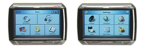 Acer P660 Portable Navigator displaying main and settings menu.
