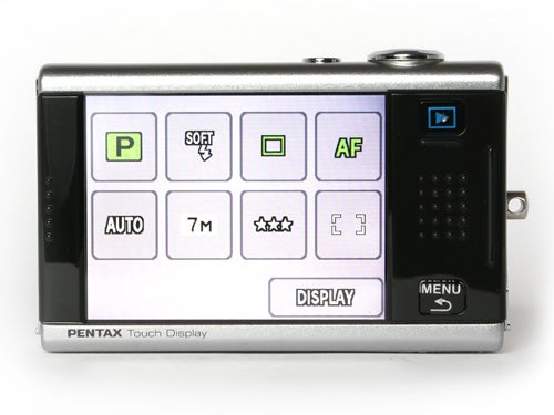 Pentax Optio T20 compact digital camera showcasing its large touchscreen display with user interface icons for settings.