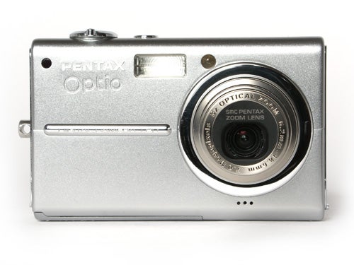 Pentax Optio T20 compact digital camera in silver with lens extended.