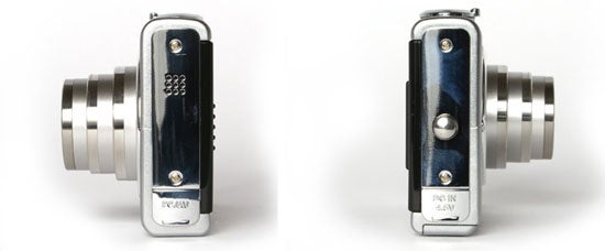 Two side-by-side views of a Pentax Optio T20 camera, showcasing its slim profile, the extended lens on one side, and the compartment for battery and memory card on the other.