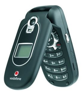 Vodafone 710 mobile phone in an open clamshell position showing the internal screen and keypad, as well as the external screen and camera on the front cover.