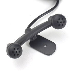 Black Parrot MK600 Bluetooth car kit microphone with flexible cable and mounting bracket on a white background.
