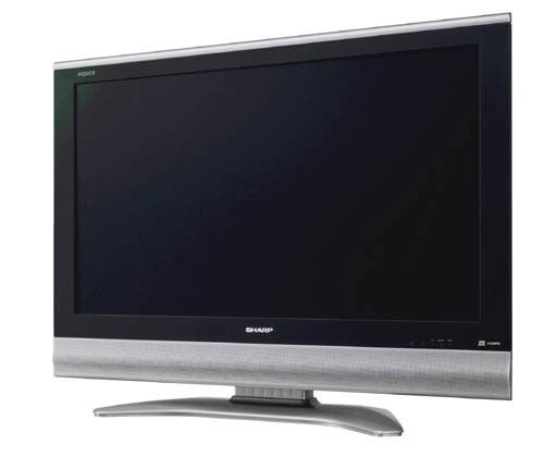 Sharp Aquos LC-32GD8E 32-inch LCD TV with a silver bezel and matching stand displaying a blank screen.
