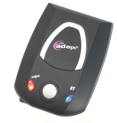 Black Adapt AD-750 Bluetooth Receiver with LED indicators lit in red and blue, featuring a central button labeled 'BT' and the Adapt logo in purple and white on the top section.