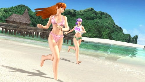 Screenshot from the video game Dead or Alive Xtreme 2 showing two animated female characters in swimwear running on a beach with clear skies and tropical scenery in the background.