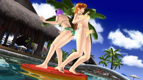 Screenshot from Dead or Alive Xtreme 2 video game showing two female characters in swimsuits participating in a poolside activity with tropical scenery in the background.A screenshot from the video game Dead or Alive Xtreme 2 showing two female characters playing beach volleyball under a clear sky with tropical scenery in the background.