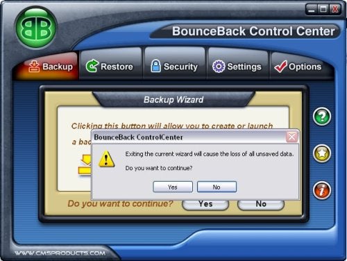 Screenshot of BounceBack Control Center software interface for the CMS ABSplus Automatic Backup System with a dialog box warning that exiting the current wizard will cause the loss of unsaved data and asking if the user wants to continue, featuring the option buttons 'Yes' and 'No'.