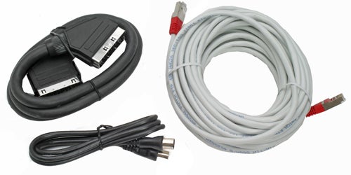 An HDMI cable, an Ethernet cable, and a power cable likely included with the Evesham iPlayer 80GB HD Media Centre, displayed against a white background.