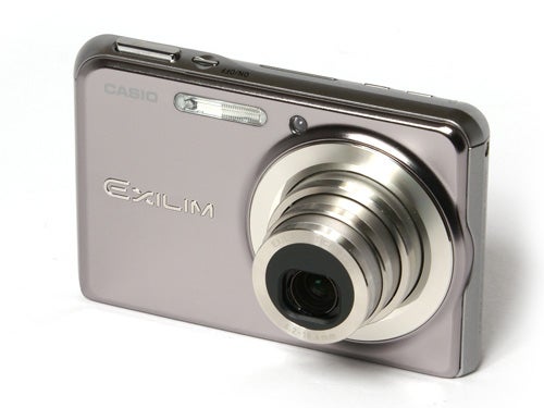 Casio Exilim EX-S770 compact digital camera in metallic pink with lens extended and display screen visible.