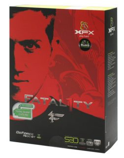 XFX Fatal1ty 7600 GT graphics card packaging with the image of a professional gamer, product branding, and feature labels including 'GeForce 7600 GT' and 'Total Silent Cooling'.