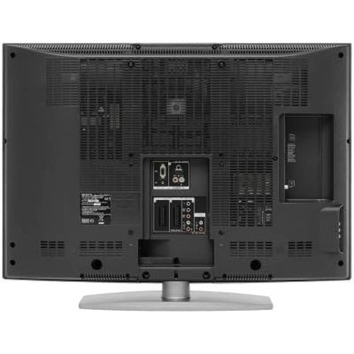 Rear view of a Sony KDL-46S2010 46-inch LCD TV showing input/output ports, model information, and stand.