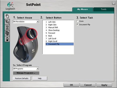 Logitech SetPoint software interface displaying programmable button settings options for the MX Revolution Mouse.