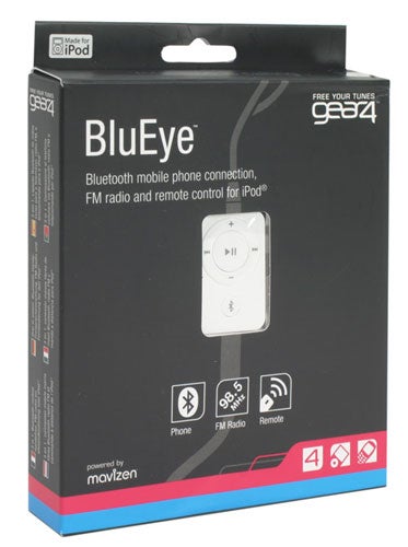 Gear4 BluEye Bluetooth mobile phone connection, FM radio, and remote control for iPod packaging box displaying the product with icons showing phone, FM radio, and remote functionality.