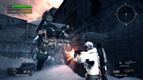Screenshot from the video game Lost Planet: Extreme Condition showing a third-person view of the player character fighting a large robotic enemy in a snowy, urban environment. HUD elements display health, ammo, and a mini-map.