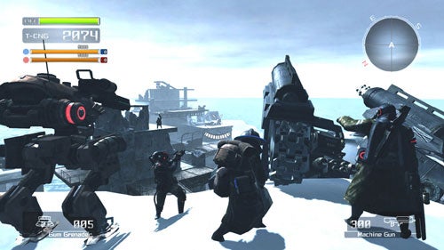 Screenshot from Lost Planet: Extreme Condition video game showing a player character in a snowy environment with large mech units and an enemy in combat, with health points and a weapon inventory display on the bottom and a radar on the top right corner.
