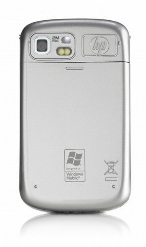 HP iPaq rw6815 Personal Messenger back view showing a 2-megapixel camera, an HP logo, and the Windows Mobile operating system emblem.
