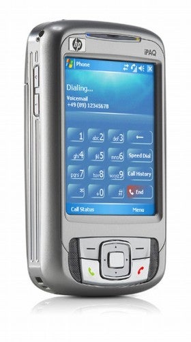 HP iPaq rw6815 Personal Messenger smartphone with the screen displaying the phone dialer interface.