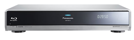 Front view of the Panasonic DMP-BD10 Blu-ray player showing the silver casing, digital display, brand logo, and Blu-ray disc logo.