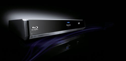 Panasonic DMP-BD10 Blu-ray player showcased with a lit power indicator, set against a dark background with blue accent lighting.