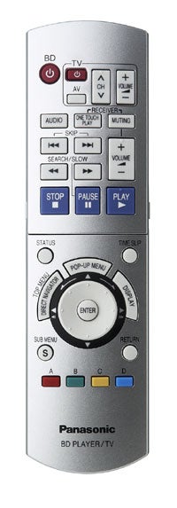 Panasonic DMP-BD10 Blu-ray player remote control with clearly labeled buttons for various functions such as play, pause, stop, and navigation, along with dedicated buttons for TV and AV control.