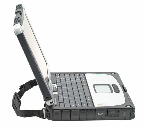 Panasonic ToughBook CF-19 rugged laptop with touchscreen display in open position, featuring a hand strap and black keyboard on a white background.