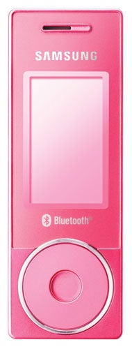A pink Samsung SGH-X830 mobile phone with a circular navigation wheel and the Bluetooth logo at the bottom center.