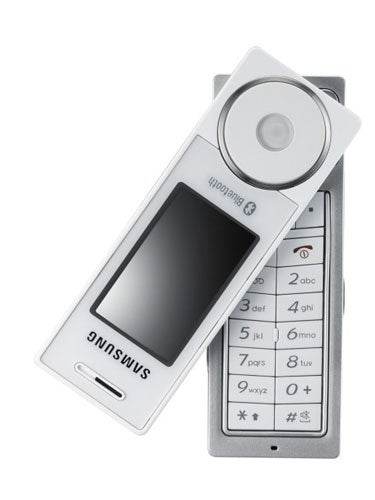 Samsung SGH-X830 mobile phone with swivel design open to reveal the screen and keypad, white color version, displayed on a white background.