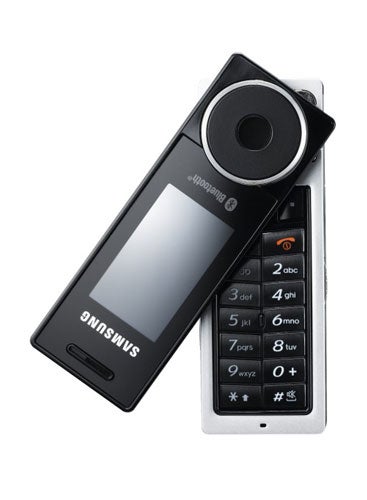 Samsung SGH-X830 mobile phone with black and white variants, showcasing the swivel-open design to reveal the keypad.