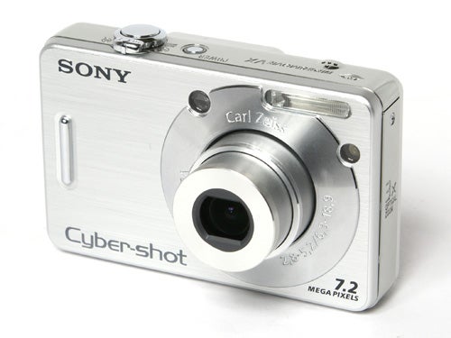 Sony CyberShot DSC-W70 7.2 megapixel digital camera with Carl Zeiss lens, displayed against a white background.