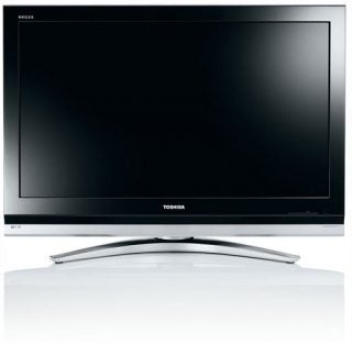 Toshiba REGZA 37WLT68 37-inch LCD television displayed frontally with screen off, featuring the brand name at the bottom and model name at the top, set on a sleek silver stand with a white reflective surface beneath it.
