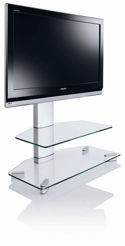 Toshiba REGZA 37WLT68 37-inch LCD TV displayed on a stand with clear glass shelves against a white background.