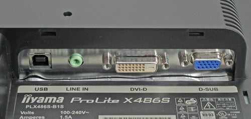 Iiyama ProLite X486S monitor ports and label close-up.