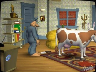 A screenshot from the game Sam and Max showing the main characters, a dog and a rabbit, in a comically furnished office with a cow, a dartboard on the wall, and various quirky items scattered around.