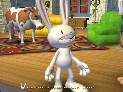 Screenshot from the video game Sam & Max: Culture Shock showing the character Max in the foreground with a surprised expression and speech bubble reading 