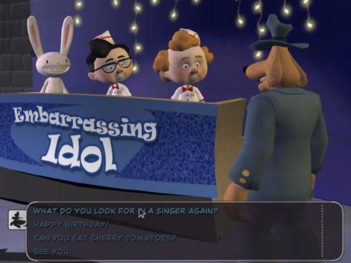 A scene from the video game Sam & Max featuring a character auditioning in front of judges on the 