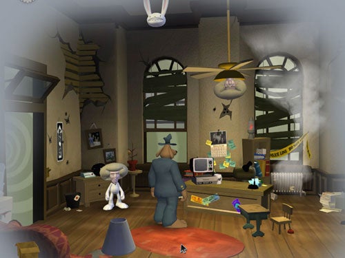 Screenshot from the video game Sam & Max: Culture Shock showing in-game characters Sam and Max in their cluttered office with an interactive point-and-click environment.
