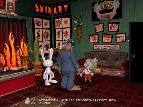 Screenshot from the video game 'Sam & Max: Culture Shock' showing characters Sam and Max in their office with a character tied to a chair, dialogue text displayed at the bottom, and office decorated with various humorous posters and items.