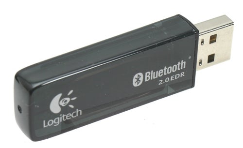 Logitech Bluetooth 2.0 EDR USB adapter with Logitech logo on a white background.