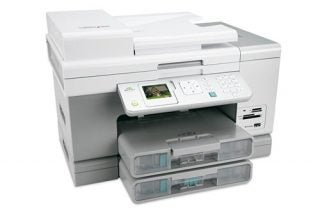 Lexmark X9350 all-in-one printer with scanner, copier, and fax, featuring a color display screen and multiple paper trays.