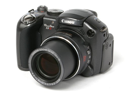 Canon PowerShot S3 IS digital camera displayed against a white background, highlighting its lens and controls.