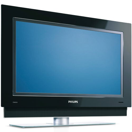 Philips Cineos 32PF9731D 32-inch LCD TV with a black frame and stand, displaying a blue screen with no input.