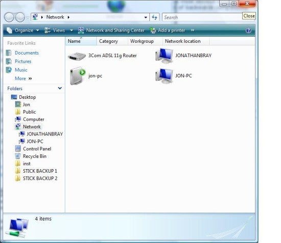 Screenshot of Windows Vista's Network window displaying networked devices including a 3Com ADSL 11g Router and a computer named JON-PC.