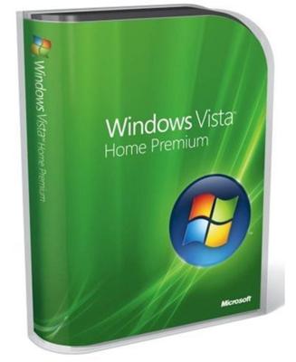 A product box of Microsoft Windows Vista Home Premium with a green gradient design and the Windows Vista logo on the front.