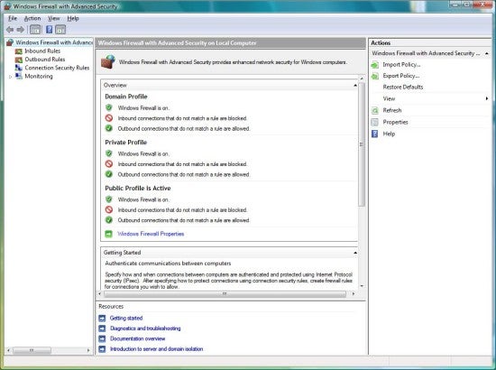 Screenshot of the Windows Vista Firewall with Advanced Security interface displaying overview and settings for domain, private, and public profiles.