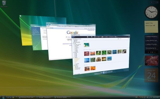 Desktop screenshot showing Windows Vista operating system interface with the Aero graphical user interface, featuring cascading open windows with a web browser on the front, desktop icons on the left, and a sidebar with gadgets including a clock and calendar on the right.