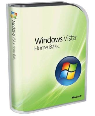 Product box for Windows Vista Home Basic by Microsoft with logo and green design elements.