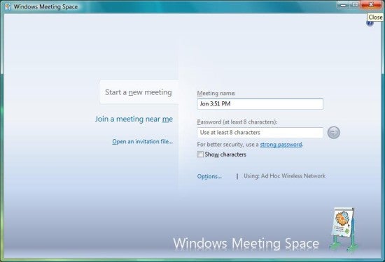 Screenshot of the Windows Meeting Space interface on Windows Vista showing options for starting a new meeting, joining a meeting, and opening an invitation file.